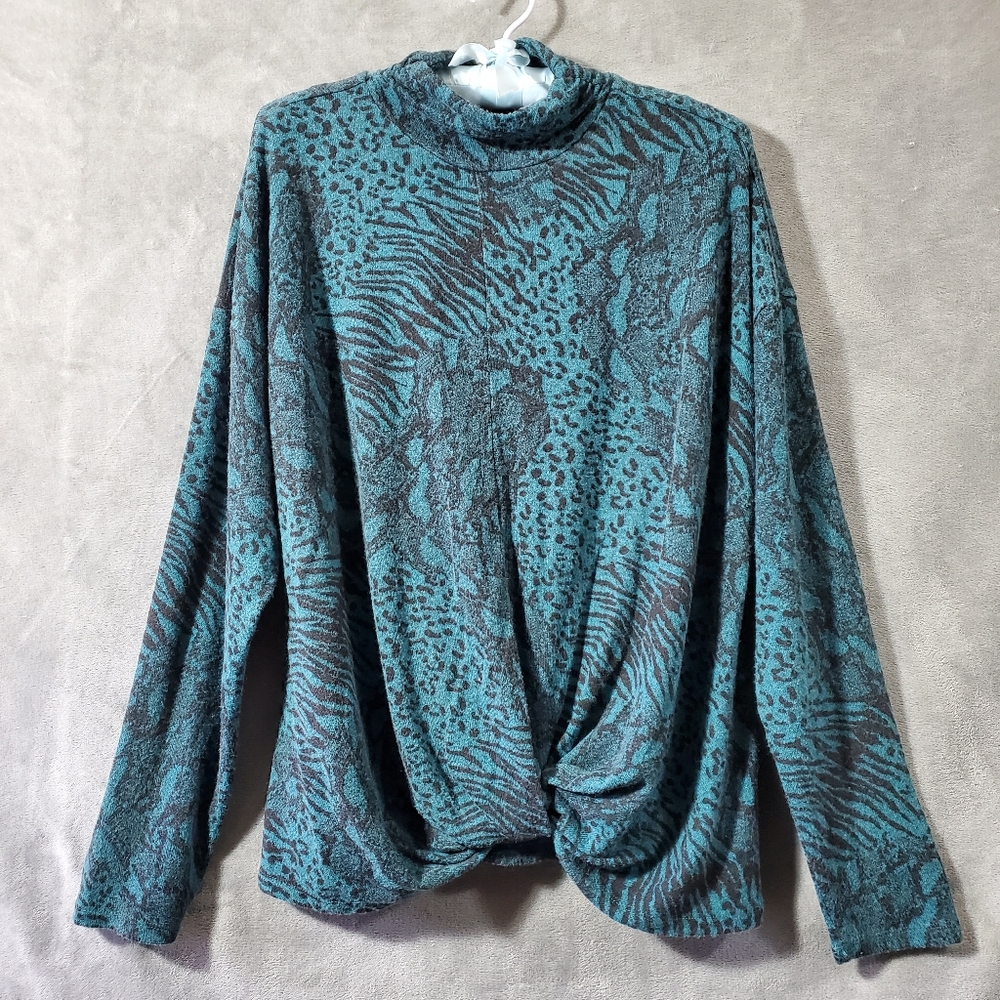 Jennifer Lopez Mock Turtleneck Knot Front Long Sleeve Top Dark Teal XL